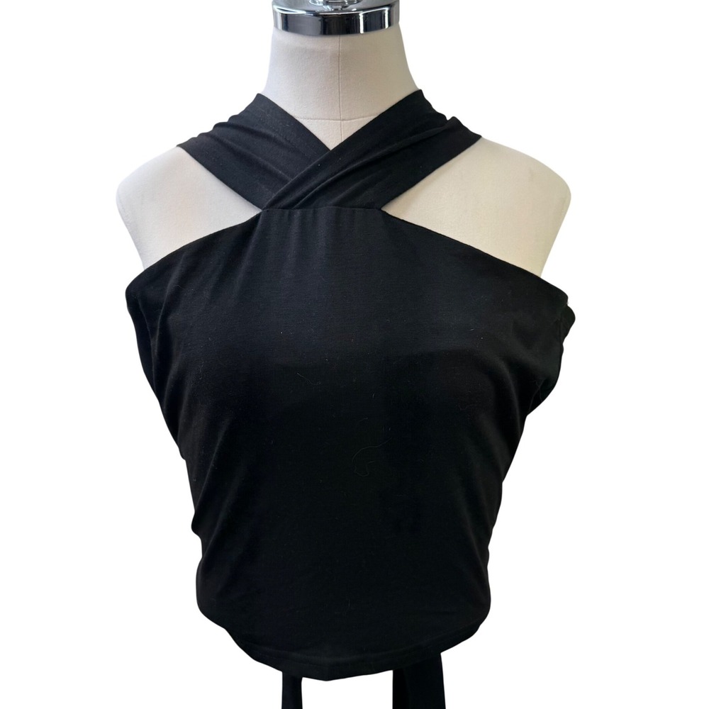 Sheilay Black Halter Neck‎ Criss Cross Wrap Tie Crop Top Small NEW